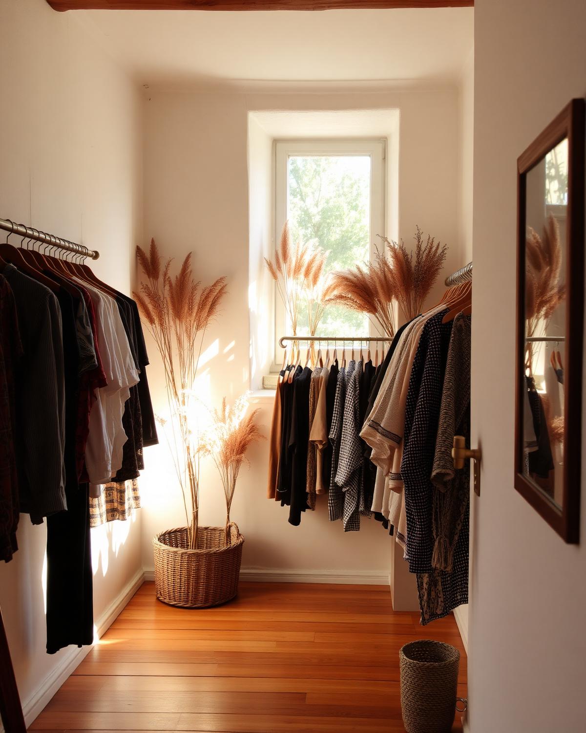 Interior de la boutique con luz natural, prendas en perchas de madera y flores secas