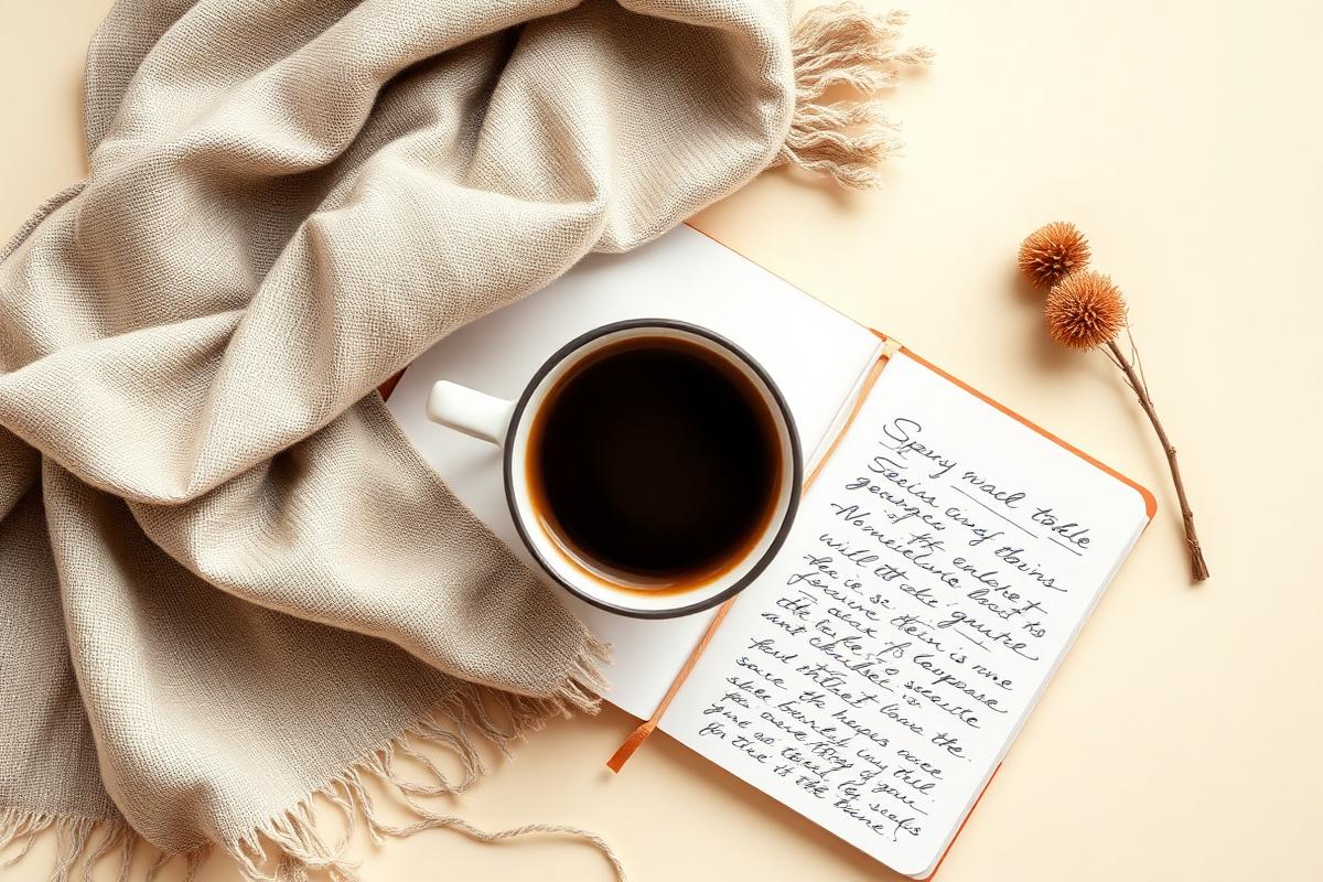 Cuaderno abierto con notas, cafe y pañuelo de lino sobre mesa crema