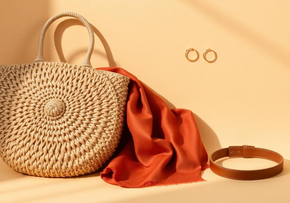 Bolso de rafia, pañuelo terracota y bisutería sobre fondo crema