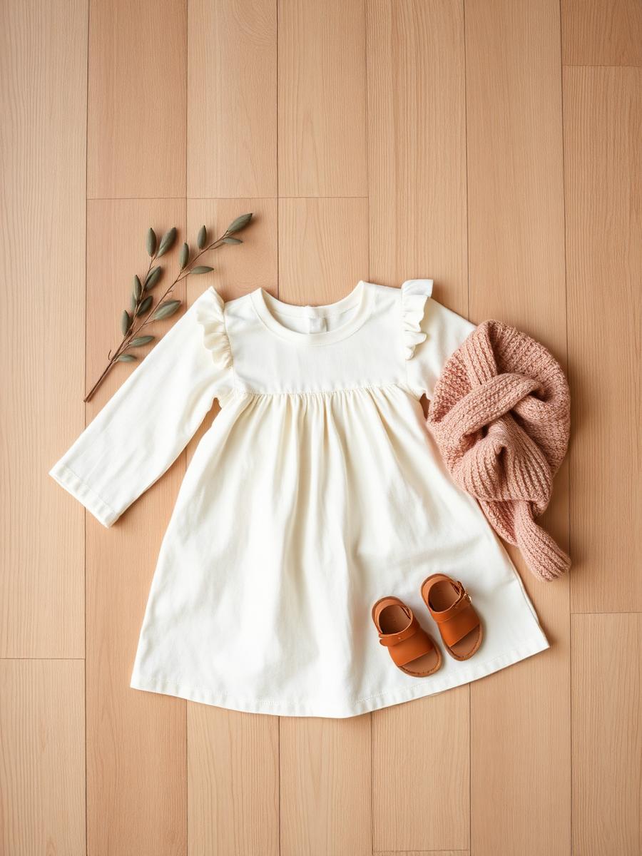 Flatlay minimalista de vestido, sandalias y punto infantil sobre suelo de madera