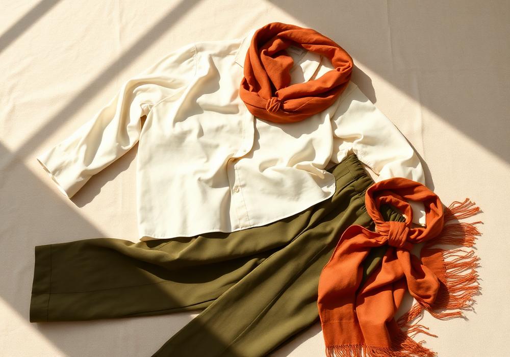 Blusa cruda, pantalón oliva y pañuelo terracota preparados en un look