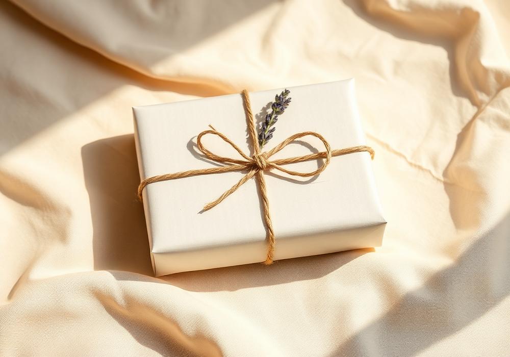 Regalo envuelto con lazo de yute y ramita de lavanda