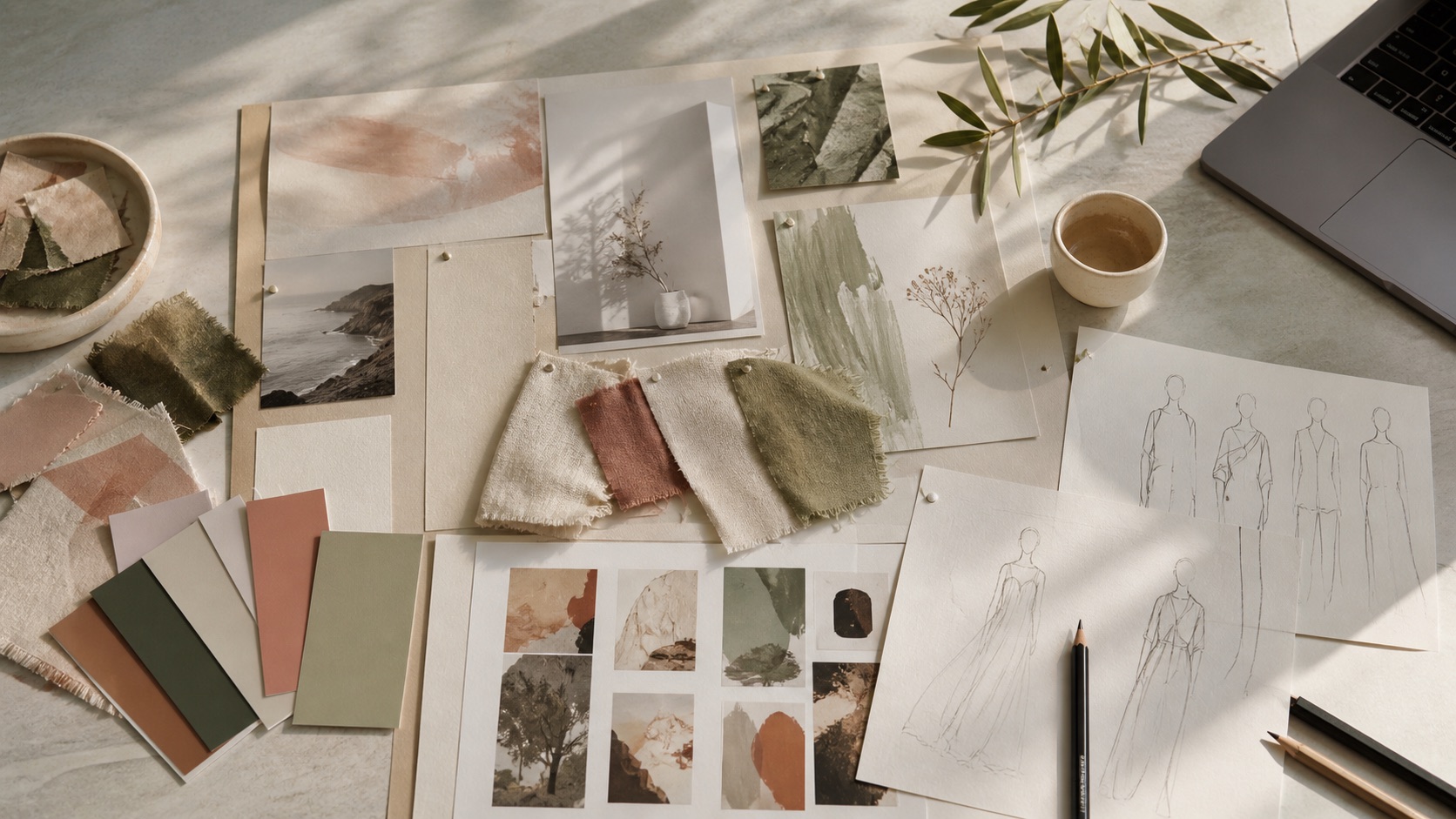 Moodboard de temporada con paletas, bocetos, texturas y referencias visuales conceptuales sobre una mesa de trabajo