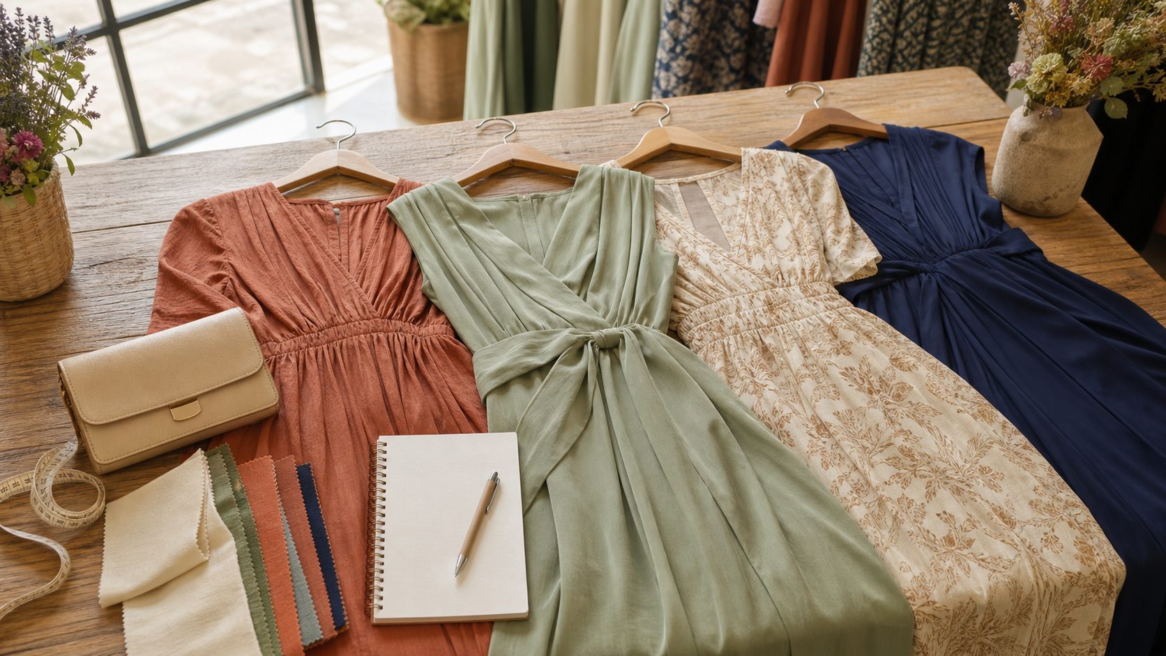 Vestidos de mujer en tonos terracota, verde salvia, crema y azul marino sobre una mesa de boutique con metro y libreta