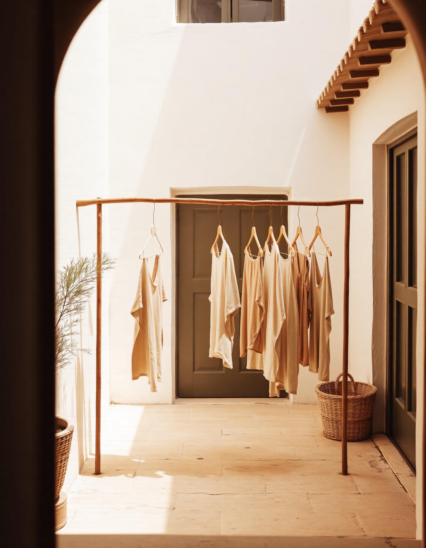 Prendas de lino y algodón colgadas en un patio andaluz al sol
