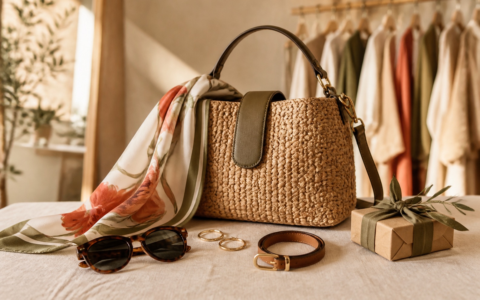 Bolso tejido, pañuelo estampado, gafas, pendientes, cinturon y regalo sobre una mesa de lino en una boutique