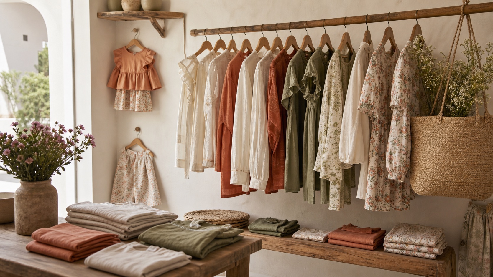 Ropa de mujer e infantil en tonos crema, terracota y oliva colgada en una boutique luminosa