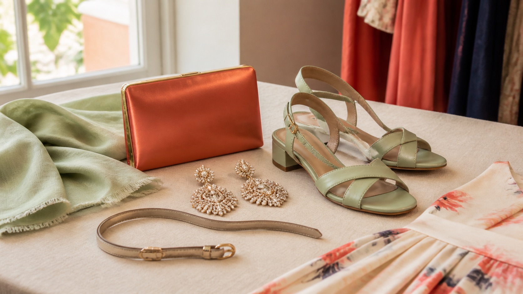 Bolso de fiesta coral, pendientes dorados, sandalias verdes y chal claro preparados para un look de invitada de boda