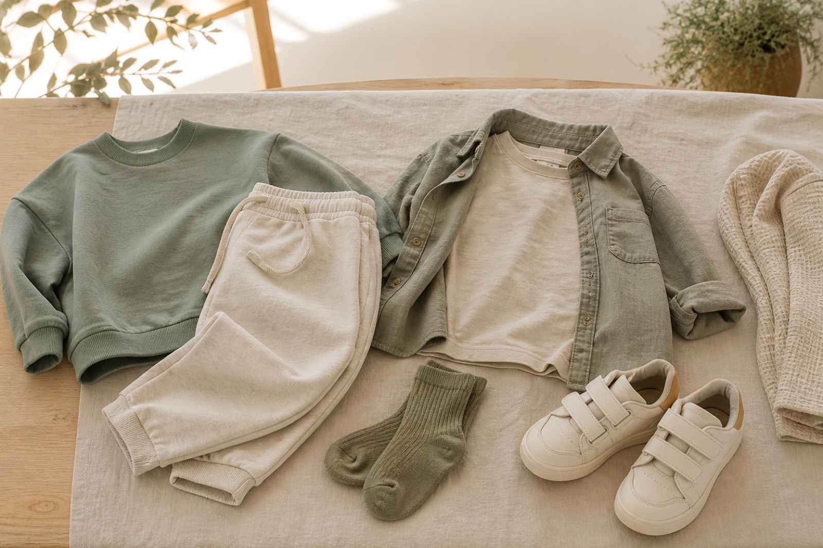 Conjuntos infantiles comodos con sudadera, pantalon suave, camisa ligera, calcetines y zapatillas sobre lino natural