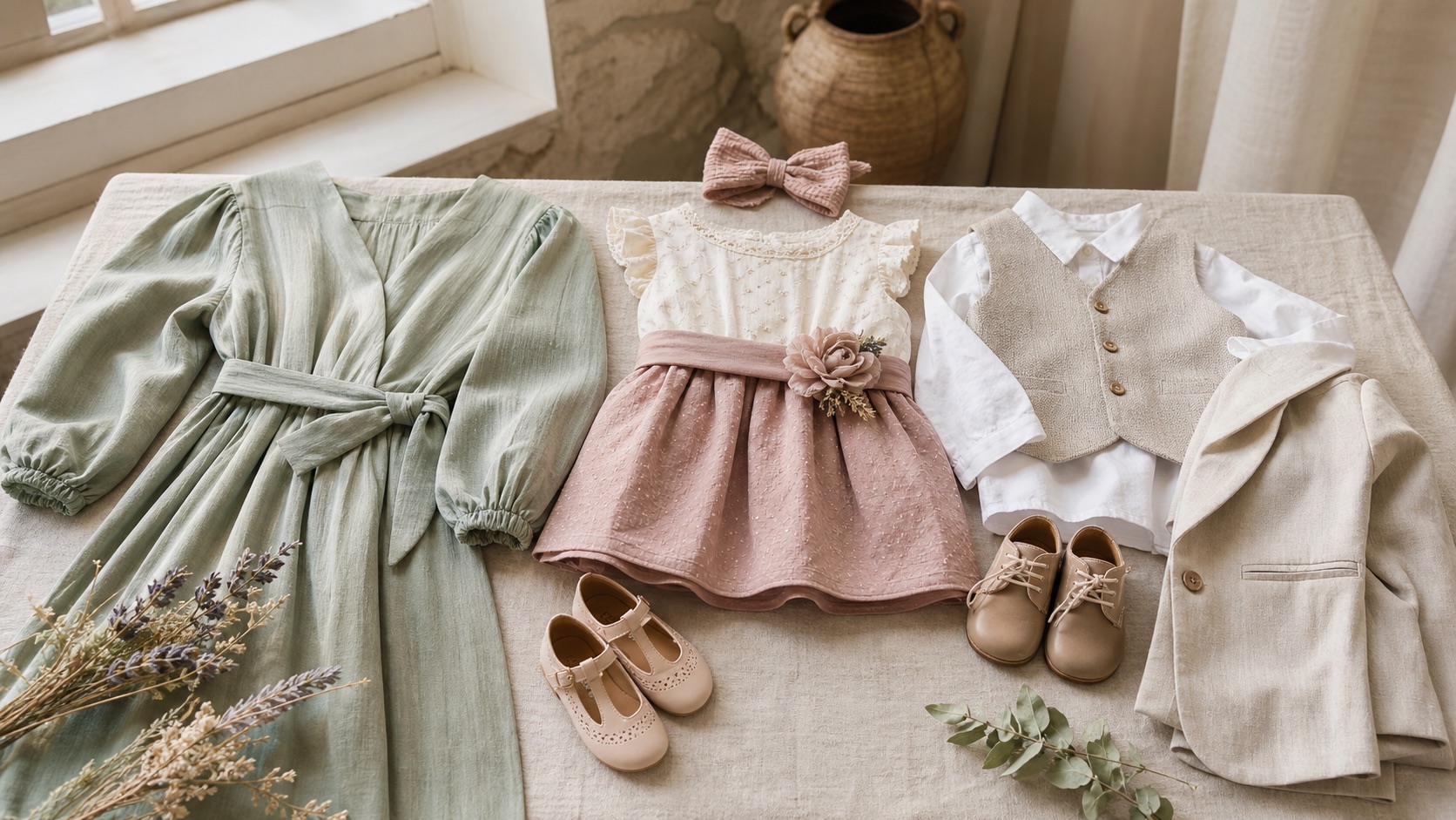 Vestido de mujer, ropa infantil de evento y complementos coordinados en tonos salvia, crema y rosa sobre mesa de lino
