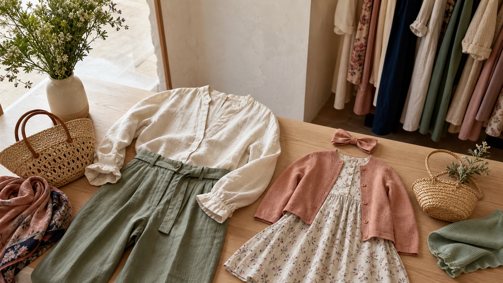 Conjunto de mujer y vestido infantil coordinados en tonos verde salvia, rosa empolvado y lino sobre una mesa de boutique