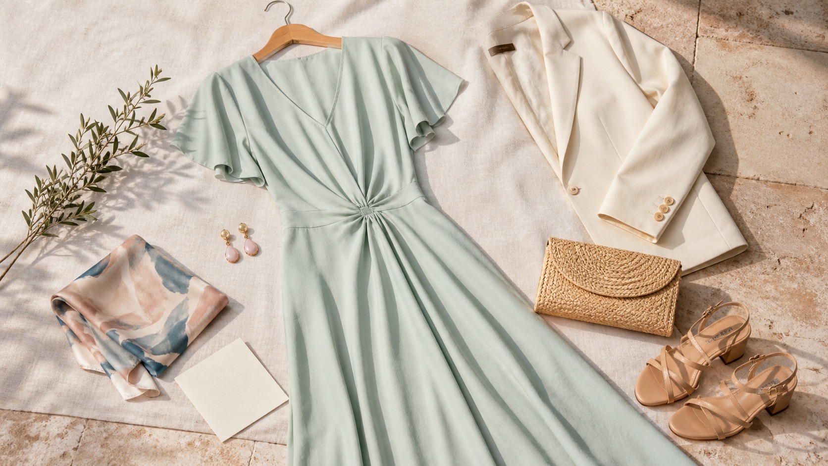 Vestido midi verde agua, blazer claro, bolso de rafia y sandalias preparados para un bautizo de dia