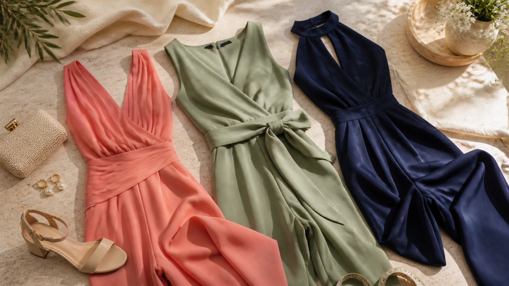 Tres monos de mujer para eventos en coral, verde salvia y azul marino con sandalia, bolso y pendientes sobre una mesa luminosa