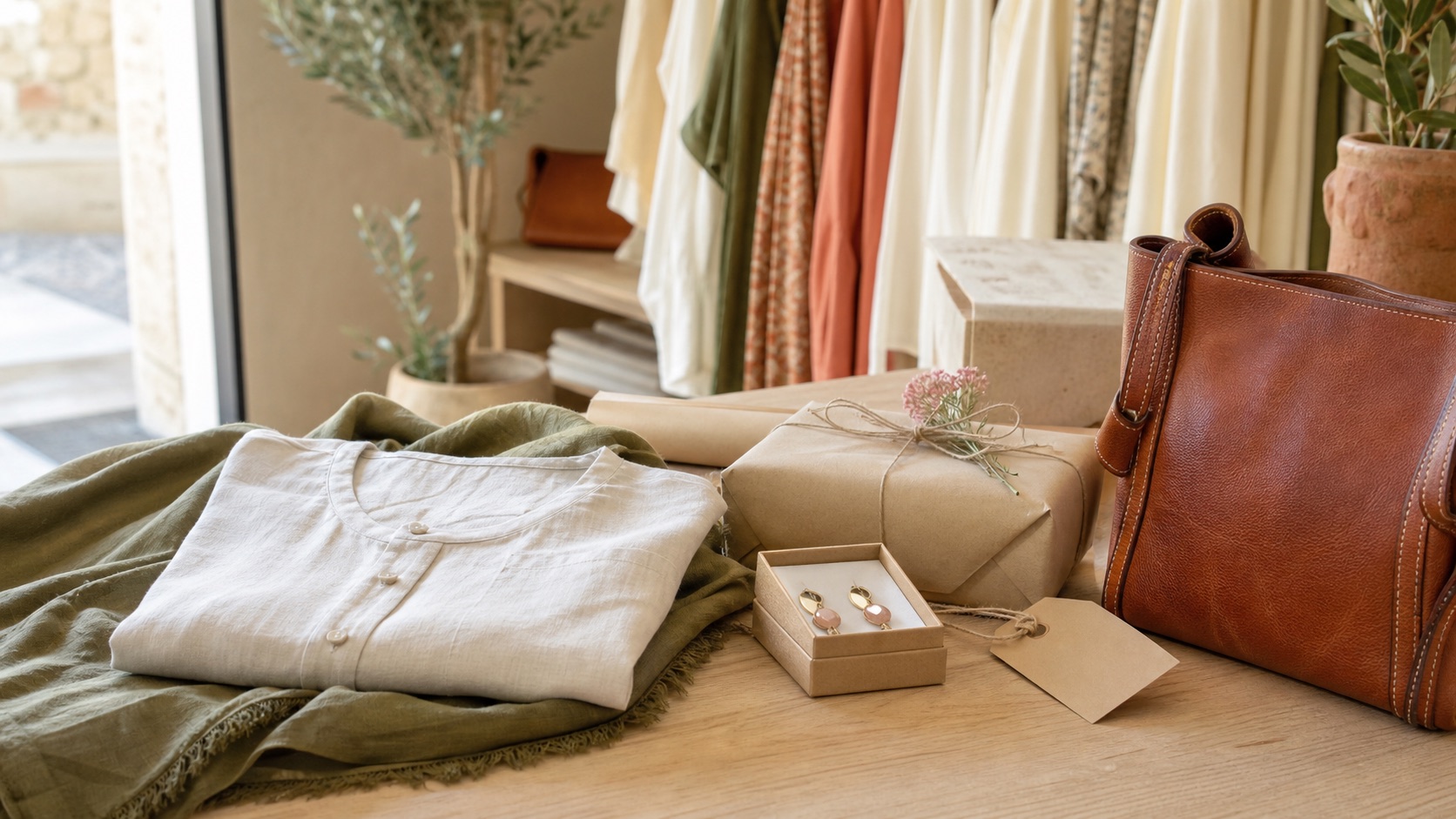 Blusa de lino, bolso, pendientes y paquete envuelto preparados como regalos para mujer en una boutique local