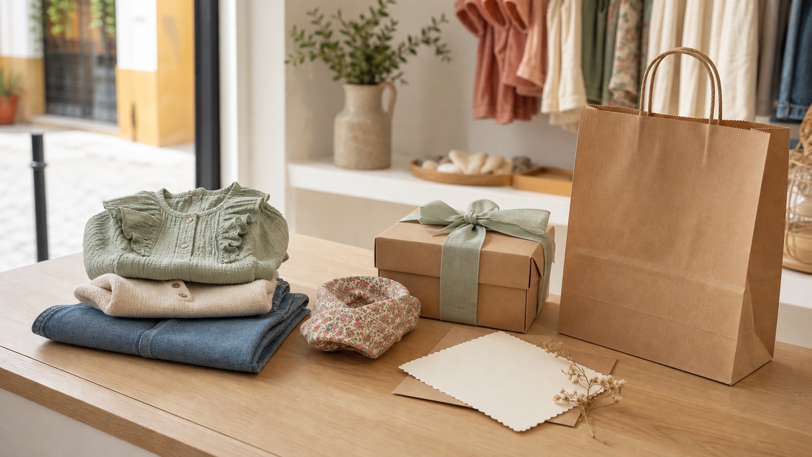 Ropa infantil doblada, paquete de regalo y bolsa sin marca preparados en una tienda local luminosa