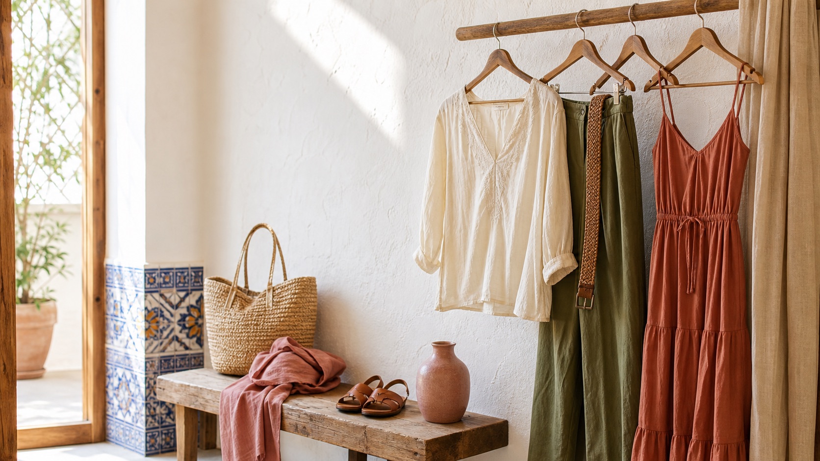 Blusa crema, pantalon verde oliva y vestido terracota colgados en una boutique luminosa de estilo andaluz