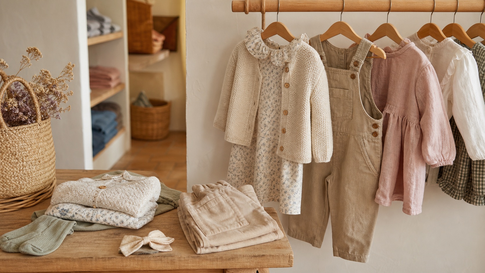 Prendas infantiles de algodon y lino en tonos crema, rosa y arena colocadas en una boutique luminosa