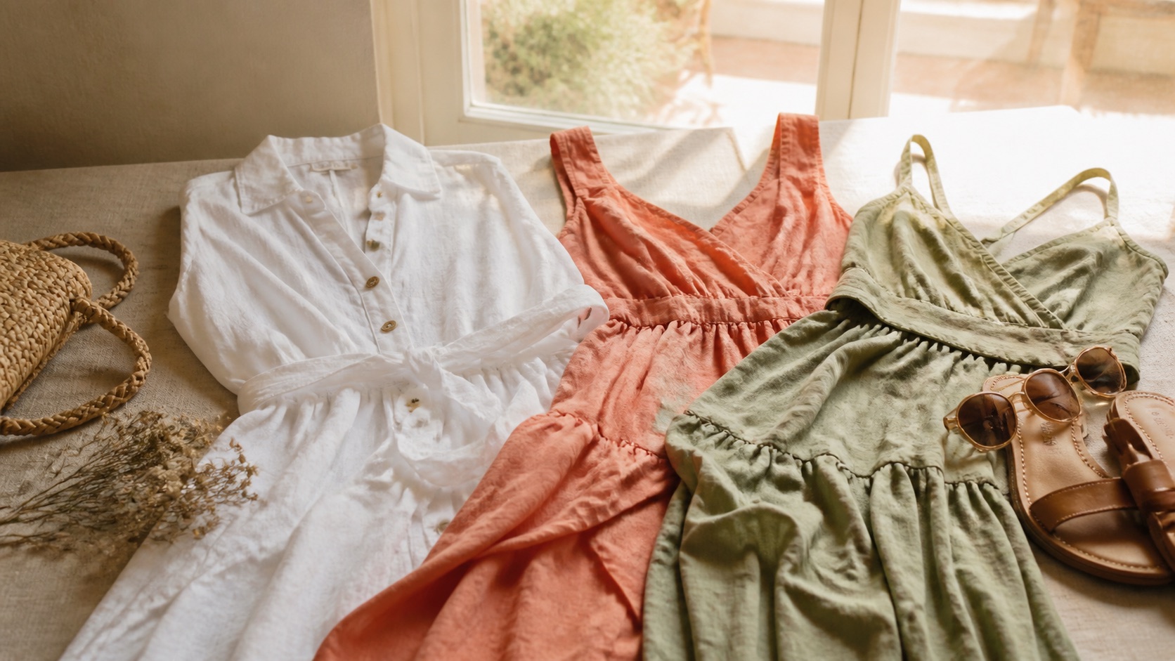 Vestidos frescos de verano en lino blanco, coral y verde salvia con sandalias, capazo y gafas sobre una mesa luminosa