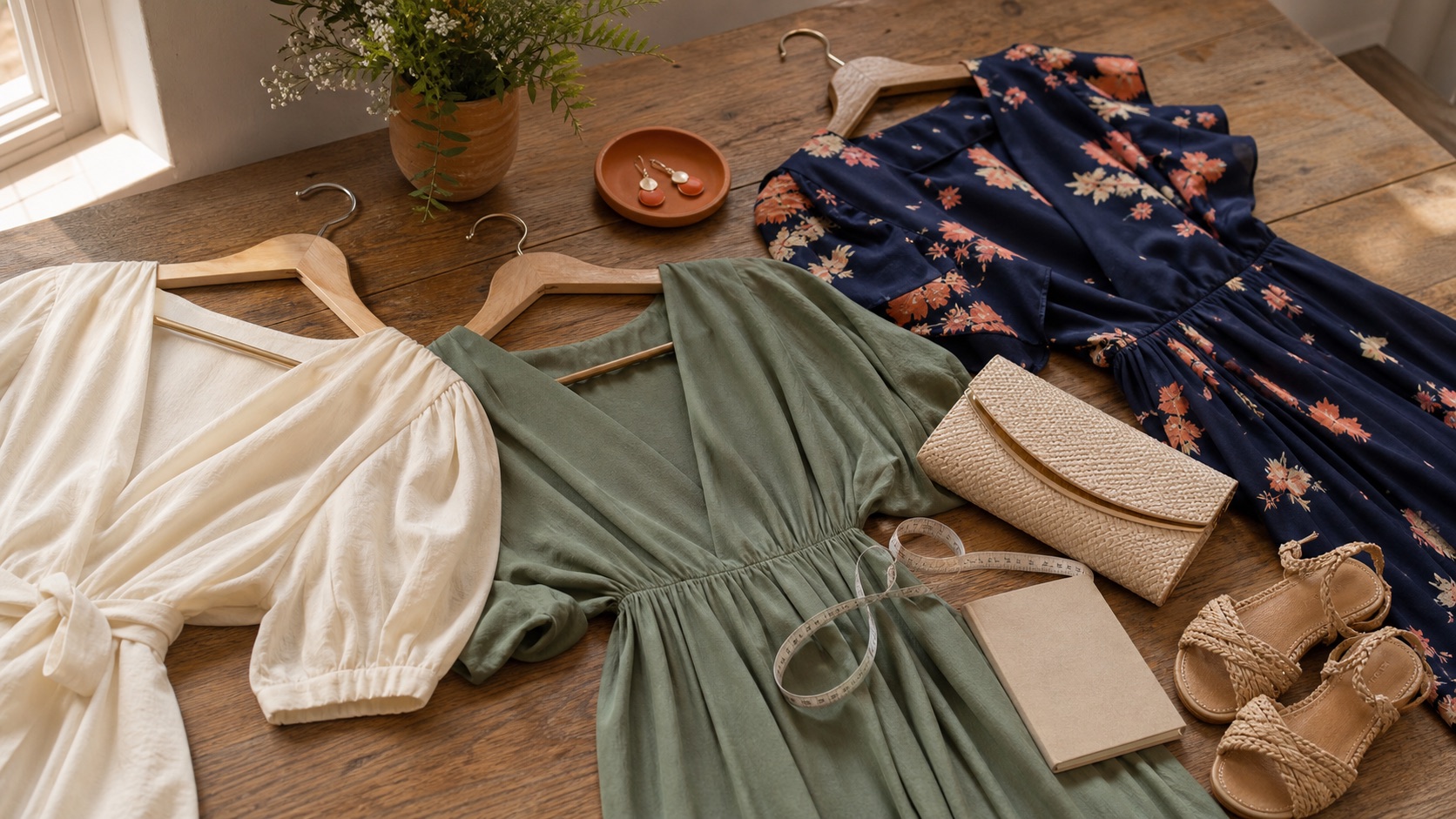 Vestidos de mujer en tonos crema, salvia y azul marino con bolso, sandalias y metro sobre mesa de madera
