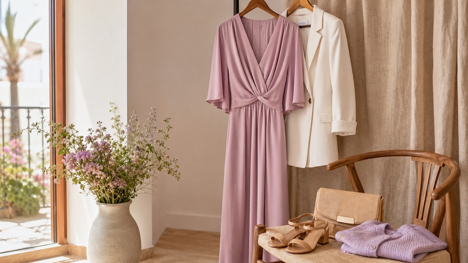 Vestido midi rosa, blazer claro, bolso y sandalias preparados en una boutique para una comunion de primavera