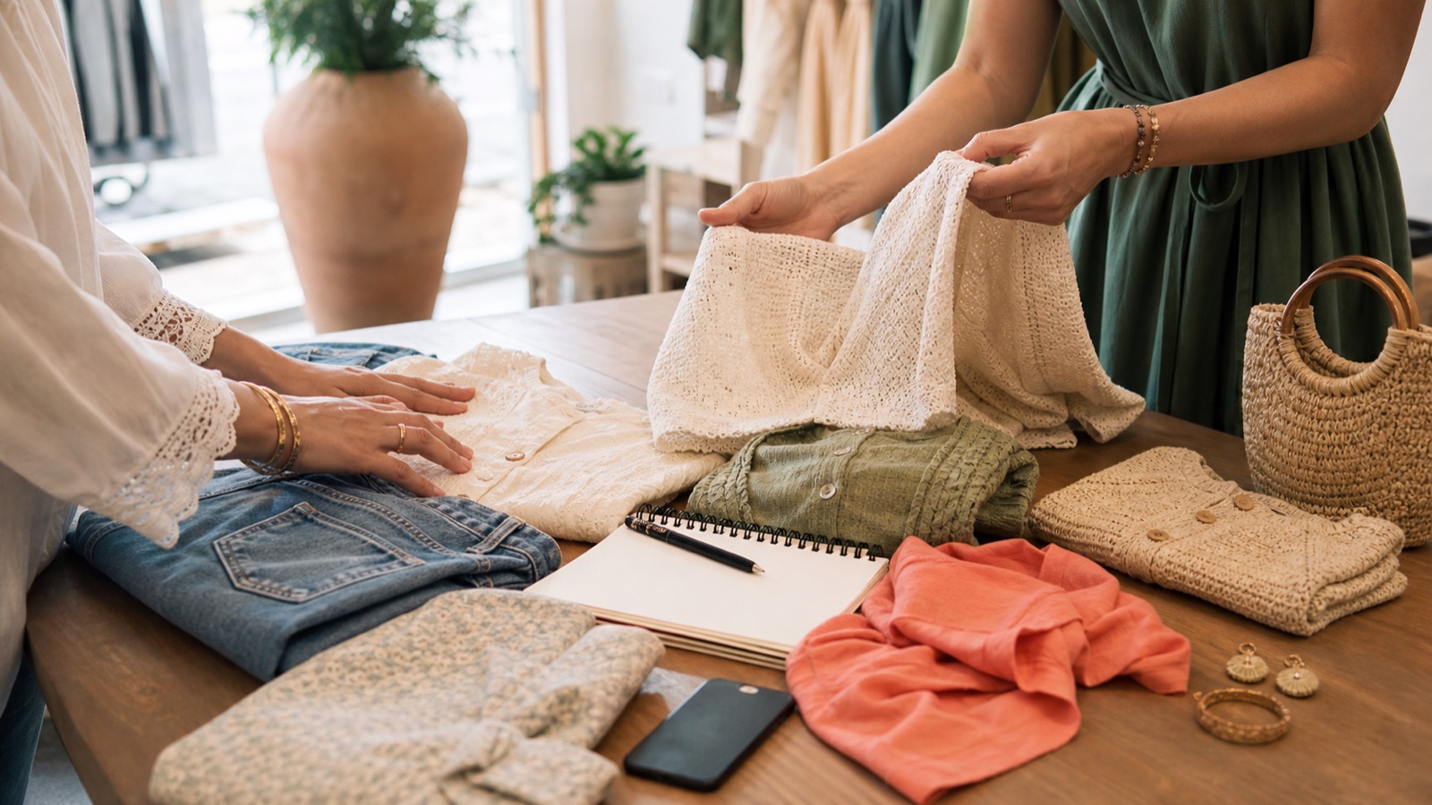 Mesa de boutique con prendas, accesorios y libreta para comparar opiniones de tiendas de moda en Carmona